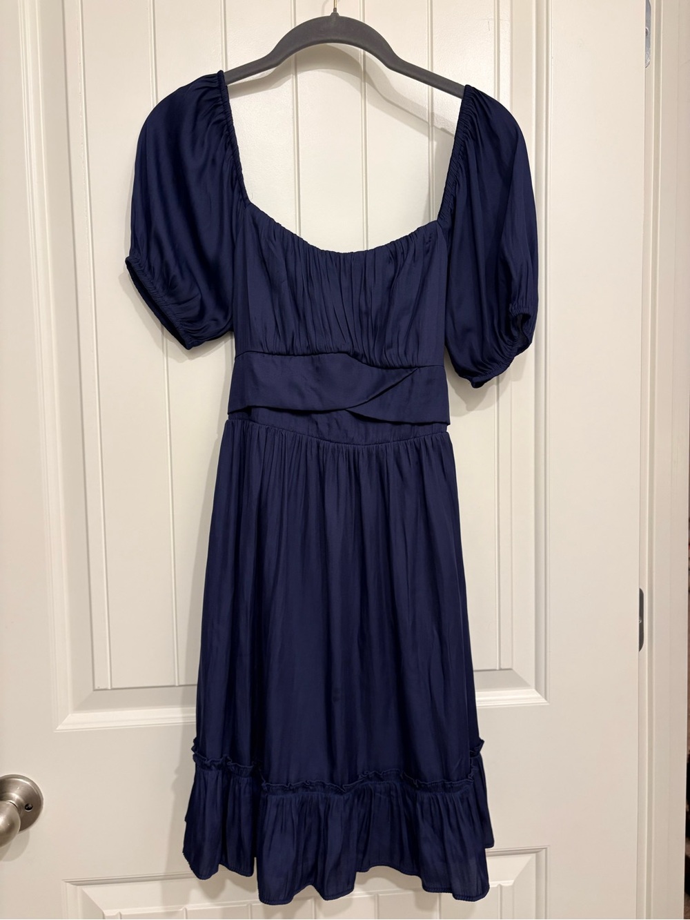 Altar’d State Navy Satin Puff Sleeve Sweetheart Ruffle Mini Dress Small